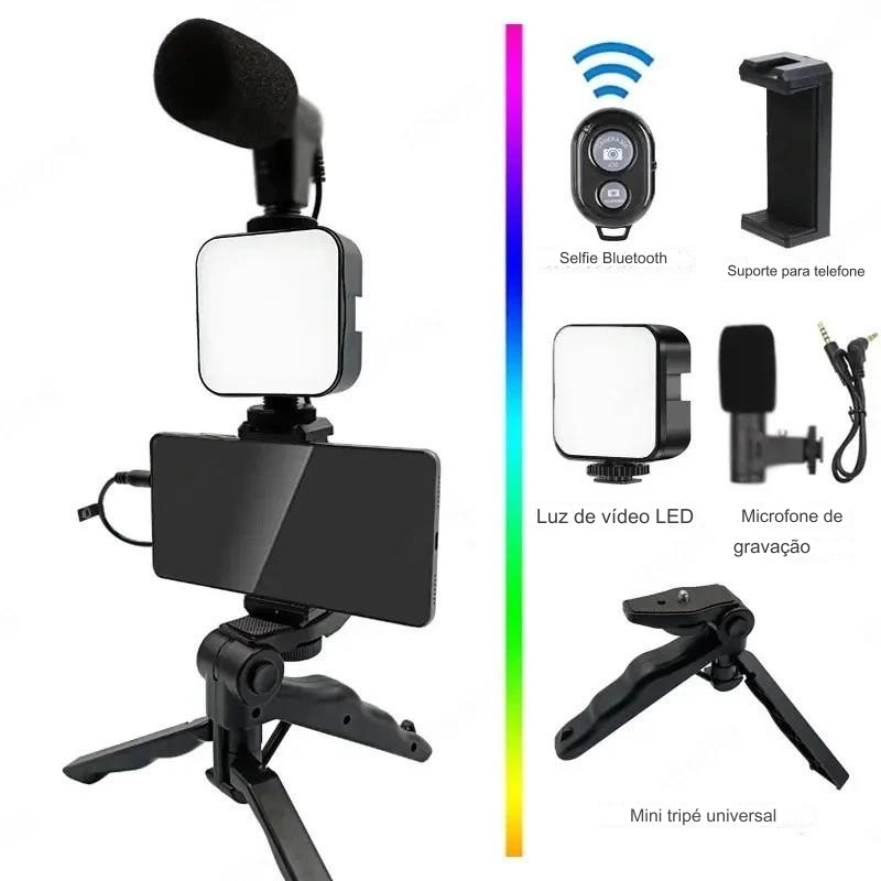 Tripé Estabilizador de Mão kit 5 em 1 gimbal Microfone para Gravação De Vídeo em Celular
