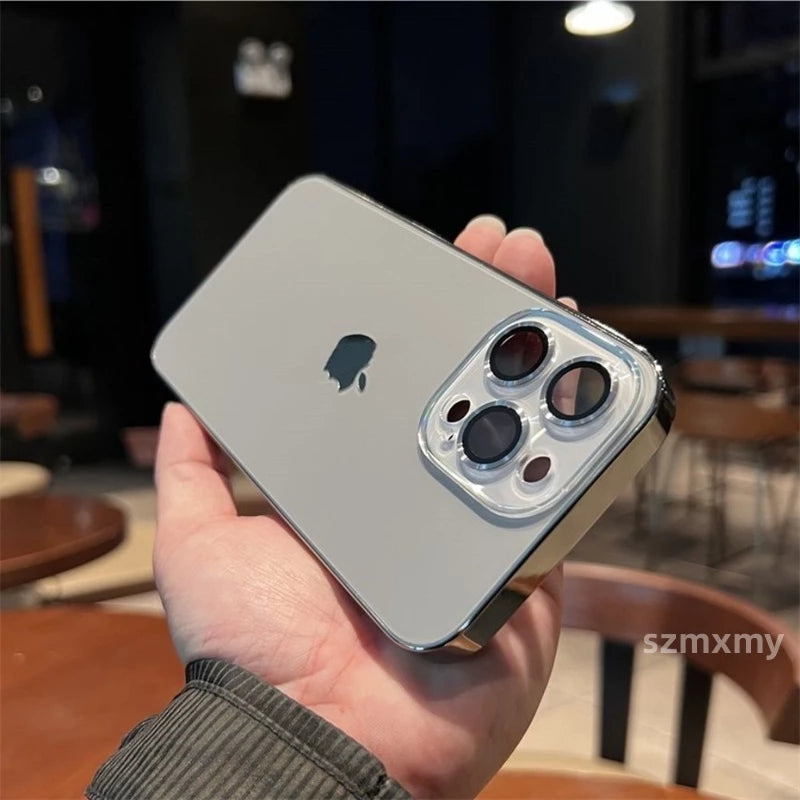 Case de Vidro Fosco AG com Proteção de Lente – Cinza Titânio, para iPhone 11-15 Pro Max/Plus