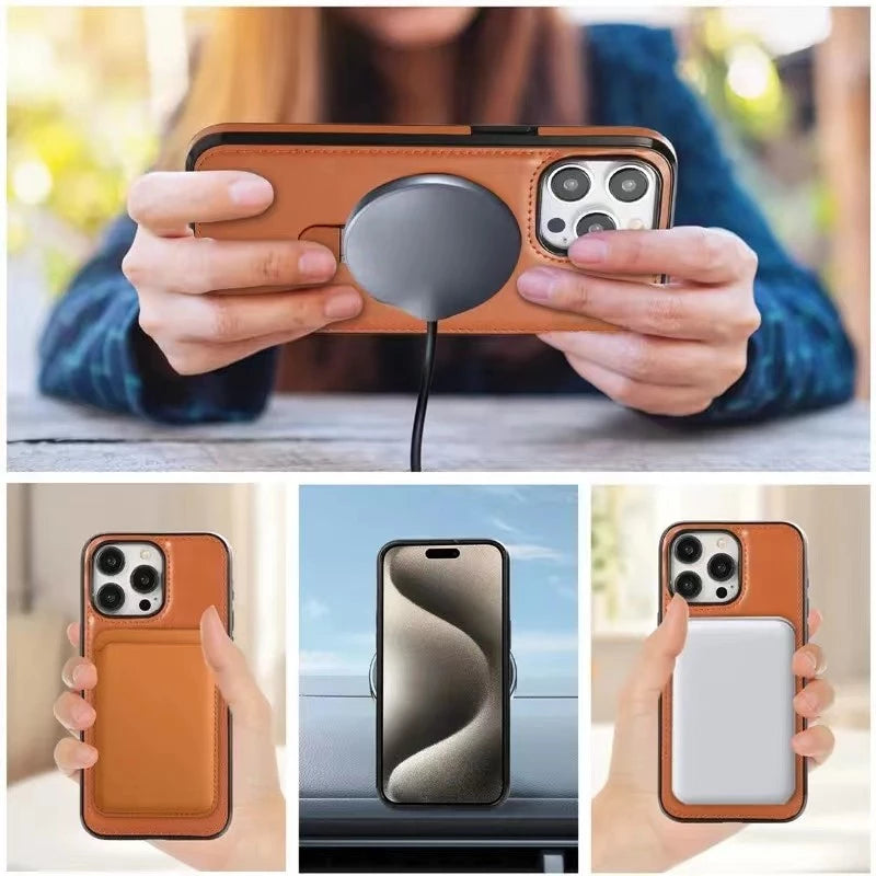 Case de Couro Magnética Premium Anti-Impacto com Suporte e MagSafe
