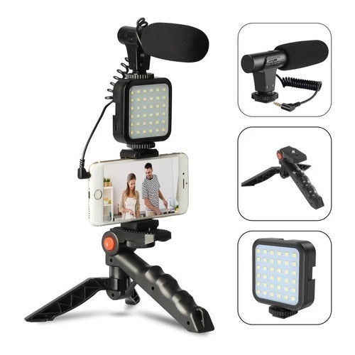 Tripé Estabilizador de Mão kit 5 em 1 gimbal Microfone para Gravação De Vídeo em Celular